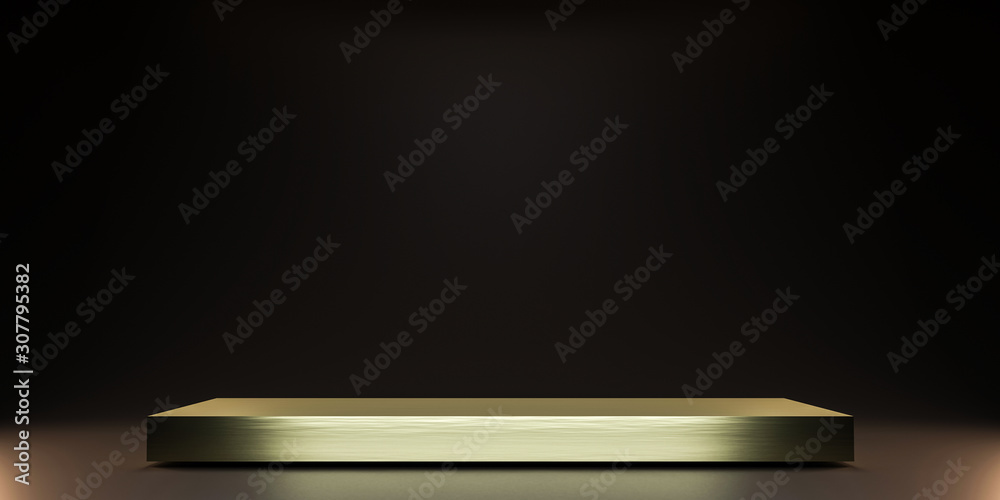 Fototapete pedestal of platform display with gold stand podium on dark room background. blank exhibition or emp