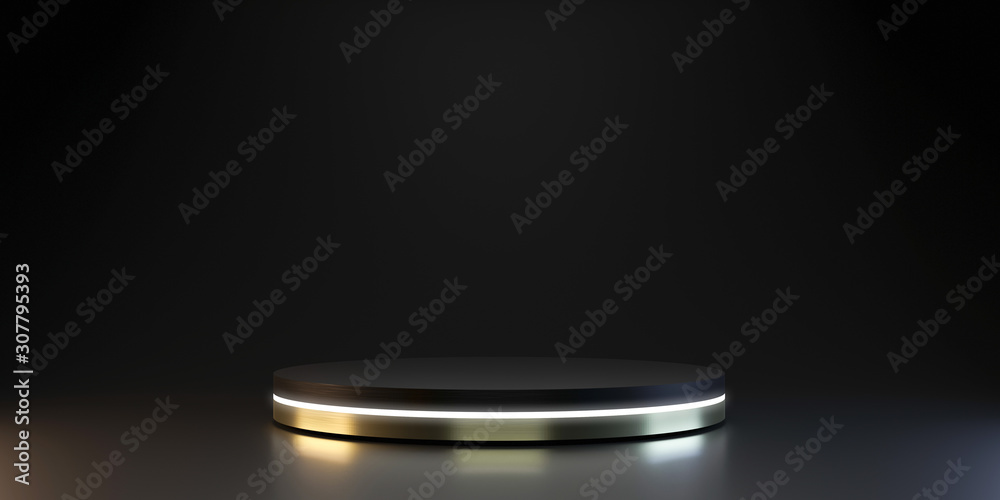 Poster modern plate pedestal of neon platform display with luxury stand podium on dark room background. bla