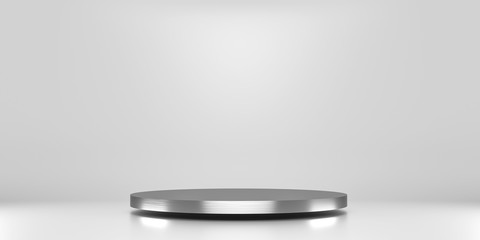 Silver pedestal of platform display with luxury stand podium on white room background. Blank...
