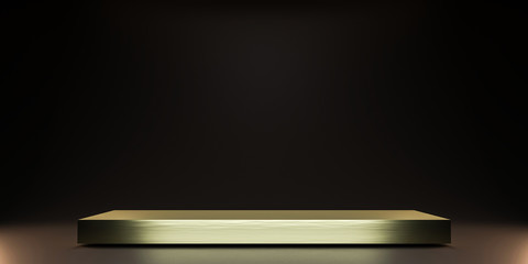 Pedestal of Platform display with gold stand podium on dark room background. Blank Exhibition or empty product shelf. 3D rendering.