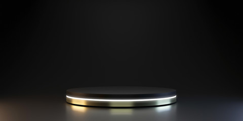 Modern plate pedestal of neon platform display with luxury stand podium on dark room background....