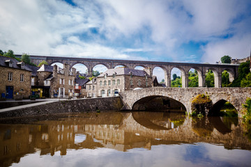 Panoramic view on Viaduc de Dinan across La Rance river and port of Dinan, Brittany, France