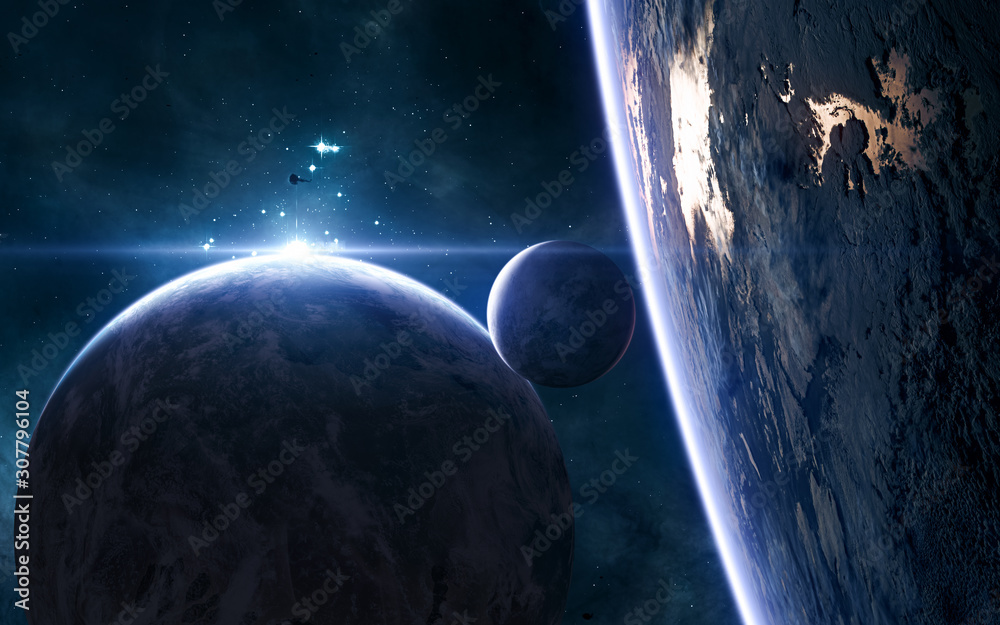 Wall mural planets of deep space in blue rays of a star cluster. science fiction. elements of this image furnis