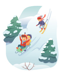 Skiing and sledding flat vector illustration