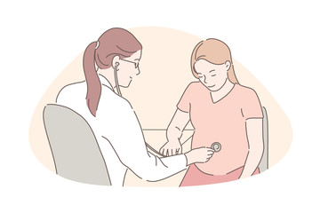 Childbearing, gestation, pregnancy concept. Happy expectant woman visiting doctor, friendly physician listening unborn child heartbeat with stethoscope, future mom health checkup. Simple flat vector