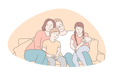 Traditional values, bonding, family idyll concept. Parents spend time together with children, smiling mother, father, daughter and son sitting on sofa and hugging. Simple flat vector