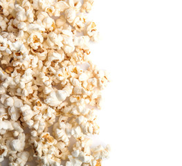 Tasty fresh pop corn isolated on white, top view