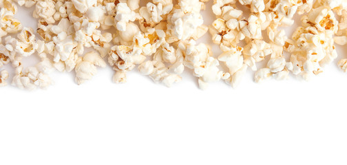 Tasty fresh pop corn isolated on white, top view