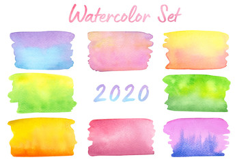 Rainbow Watercolor Set. Abstract Hand Drawn Backgrounds. Colorful Paint Elements Isolated on the White Background.