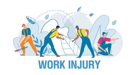 Medical Work Injury Flat Poster with Cartoon Man Workers Characters in Uniform Suffering from Different Kinds of Pain. Fracture, Sprain, Torsion Deformity, Amputation, Wound. Vector Illustration