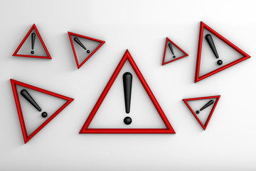 3d rendering of black Exclamation marks. Attention sign icon. Red triangle and black Hazard warning symbol in white background. Triangle Exclamation Icon. Caution, Security, warn.