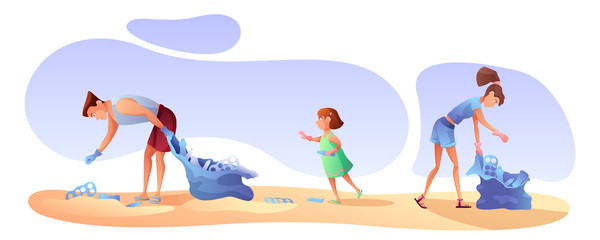 Family cleaning seaside flat vector illustration