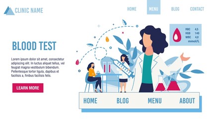 Clinic Laboratory Landing Page Offering Different Blood Test. Doctor and Patient in Lab. Sampling Red Human Liquid for Analysis, Transcript and Consultation. Vector Medical Illustration