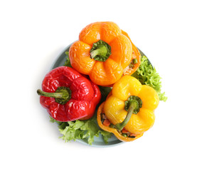 Tasty stuffed bell peppers isolated on white, top view