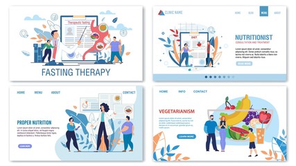 Obraz na płótnie Canvas Proper Nutrition, Diet, Vegetarianism and Fasting Treatment Methods for Obese People. Trendy Flat Landing Page Design Set. Nutritionist Consultation. Medical Professional Approach. Vector Illustration