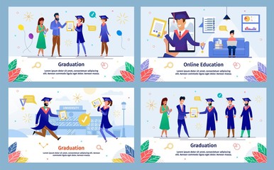 Successful Distance Education, College Graduation Ceremony Trendy Flat Vector Banners, Posters Templates Set. Female, Male Students Studying Online, Celebrating University Graduation Illustration