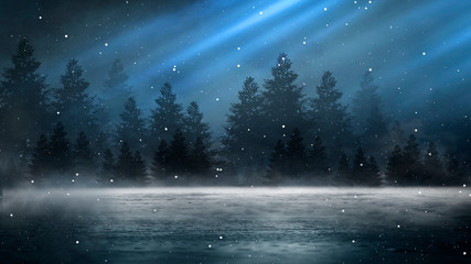 Empty night nature scene. The night starry sky, the rays of the blue neon spotlight. Snowy winter night background.