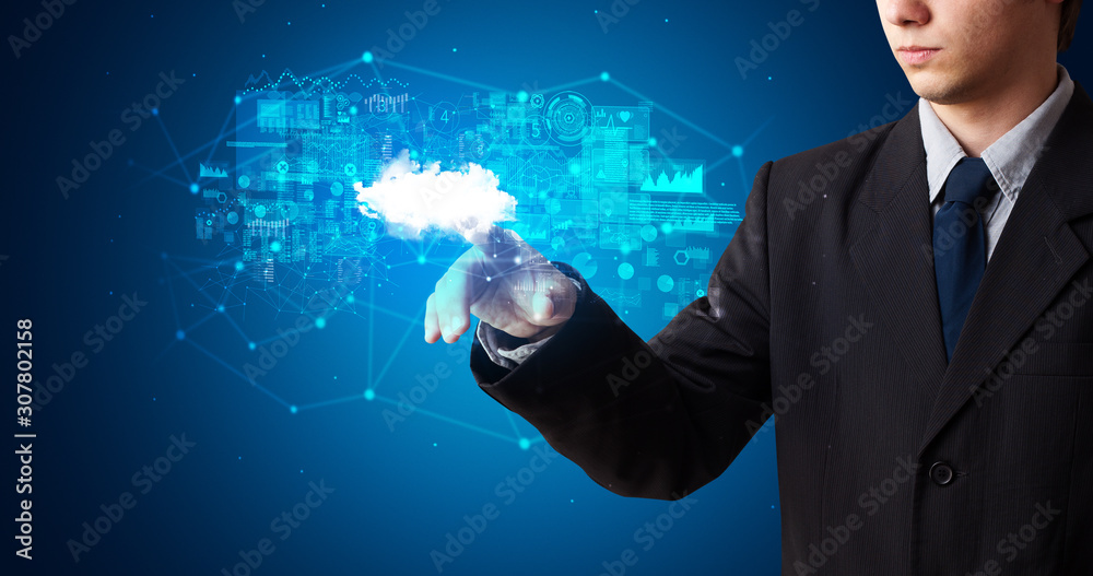 Aufkleber Man touching hologram projection displaying information from cloud based system