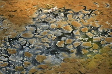 A hot spring in Nikko-Japan. Sulfat on the ground of a hot spring.
