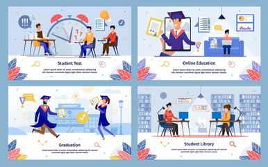 Student Test, Online Education, College Graduation, University Library Trendy Flat Vector Banners, Posters Templates Set. Modern College, University Female, Male Students Life Scenes Illustration