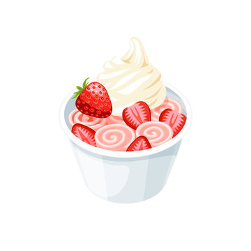 Basket Of Stir Fried Pink Ice Cream Rolls Under Whipped Cream Decorated With Strawberry. Vector Illustration Cartoon Flat Icon Isolated On White.