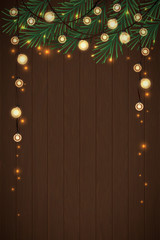 Season's Greetings Merry Christmas Holiday background. Christmas wreath made of pine wood, decorated with a garland and lights. Vector Illustration.