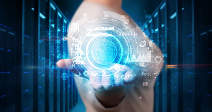 Woman holding hologram projection displaying biometric security concept - Powered by Adobe