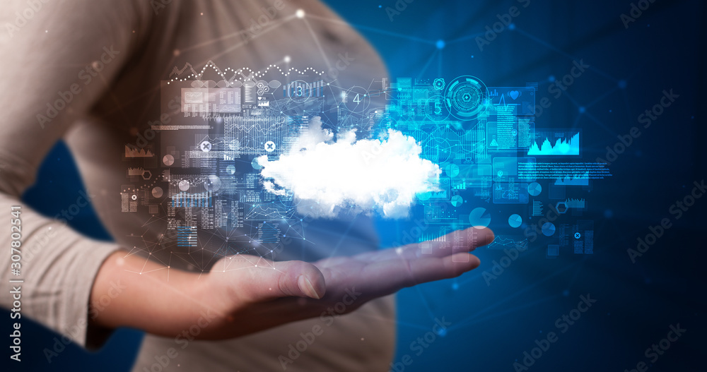 Poster Person holding hologram screen displaying information from cloud based system