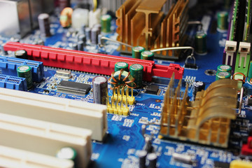 Closeup of electronic circuit board or PCB printed circuit board