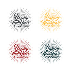 Happy 2020 New Year. Holiday Vector Illustration With Lettering Composition And Burst. Vintage festive label
