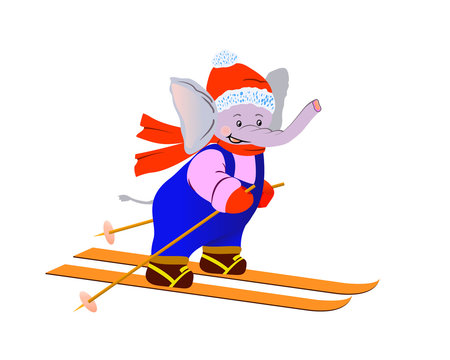 Elephant skiing. Picture for children. Cartoon character for design postcards, poster, ski resort, travel. Vector illustration isolated on white background.