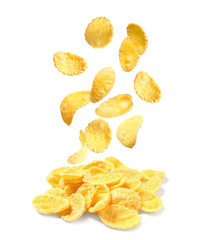 Tasty crispy corn flakes on white background