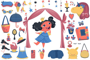 Princess design elements set. Isolated objects on white background. Vector illustration