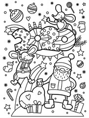 Cute mouse with Santa Claus are playing with stars. Design for printed tee and coloring book page for kids. Black outline vector illustration. New Year story.