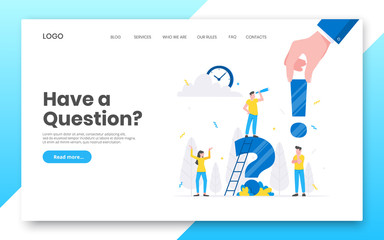 Obraz na płótnie Canvas Business internet landing page concept template. Teamwork characters working together with big question mark, frequently asked questions time management concept flat style design vector illustration.