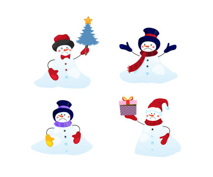Set of melted snowmen. Different characters melt and turn into a snowdrift. Christmas depression, sadness, disappointment. Flat vector illustration isolated on white background