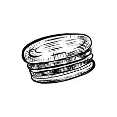 Romantic macaroons hand drawn ink sketch, vector illustration macaron isolated on white, decorative vintage sweet, tasty lunch, French dessert for design scrapbook, greeting cards, retro cafe menu