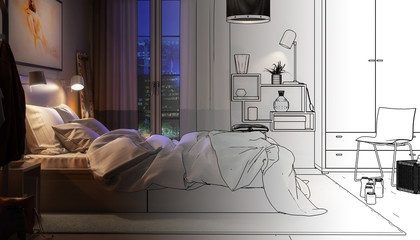 Modern Bedroom Arrangement by Night (planning) - 3d visualization