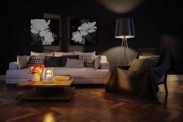 Cute living room interior with artwork by artificial light - 3d illustration