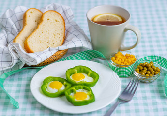 Fried egg with fresh vegetable salad on plate for breakfast