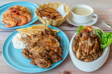 Assorted various western food main course on table