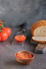 Pa amb tomaquet or tomaca (bread with tomato) classic snack in Catalan and Spanish cuisine, eaten for breakfast.