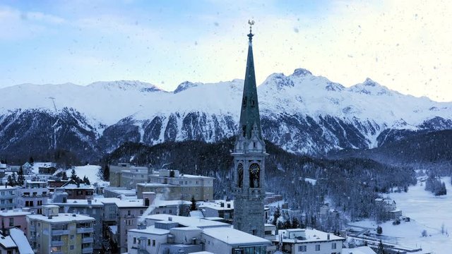 Aerial Shot Of Beautiful Mountain Town Saint Moritz Winter Adventure Alpine Adventure Romantic Mood Spirit Of The Holidays Concept