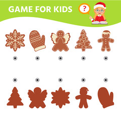 Game for the development of logical thinking of children.Christmas gingerbread cookies. Find a match. Kids activity page for book. Vector illustration