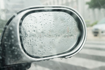 Side Mirror of car during heavy rain