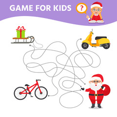 Obraz na płótnie Canvas Game for children, Educational worksheet for preschool kids. Maze Puzzle. Santa. Christmas teme. Vector illustration