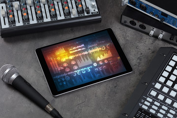 Electronic music instruments, microphone, piano, consoles and tablet with reports concept