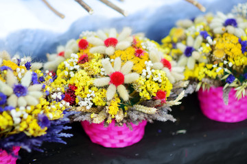 Traditional Lithuanian Easter palms known as verbos sold on Easter market in Vilnius, Lithuania