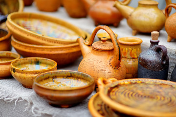 Ceramic dishes, tableware and jugs sold on Easter market in Vilnius, Lithuania