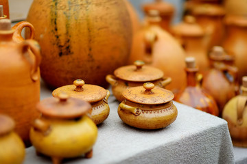 Ceramic dishes, tableware and jugs sold on Easter market in Vilnius, Lithuania
